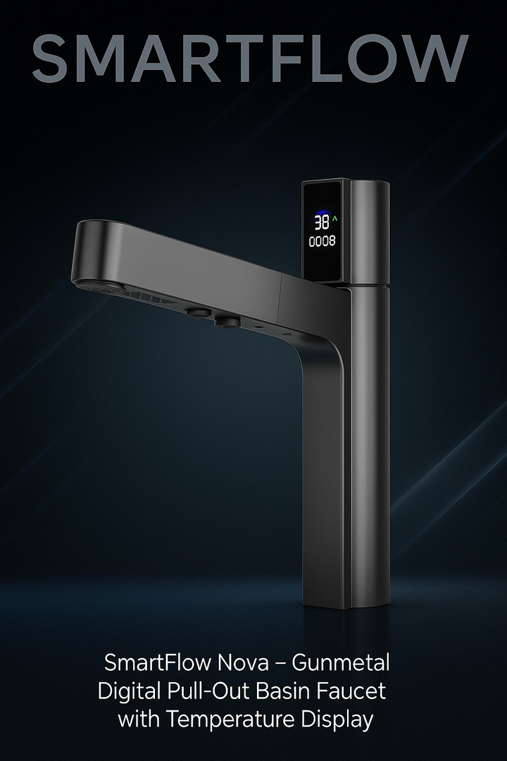 Smart Flow: Nova – Gunmetal Digital Pull-Out Basin Faucet with Temperature Display