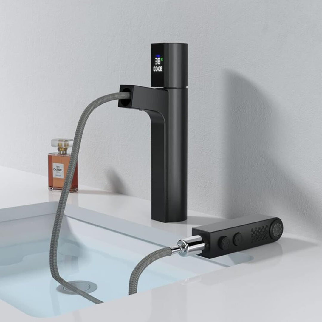 Smart Flow: Nova – Gunmetal Digital Pull-Out Basin Faucet with Temperature Display